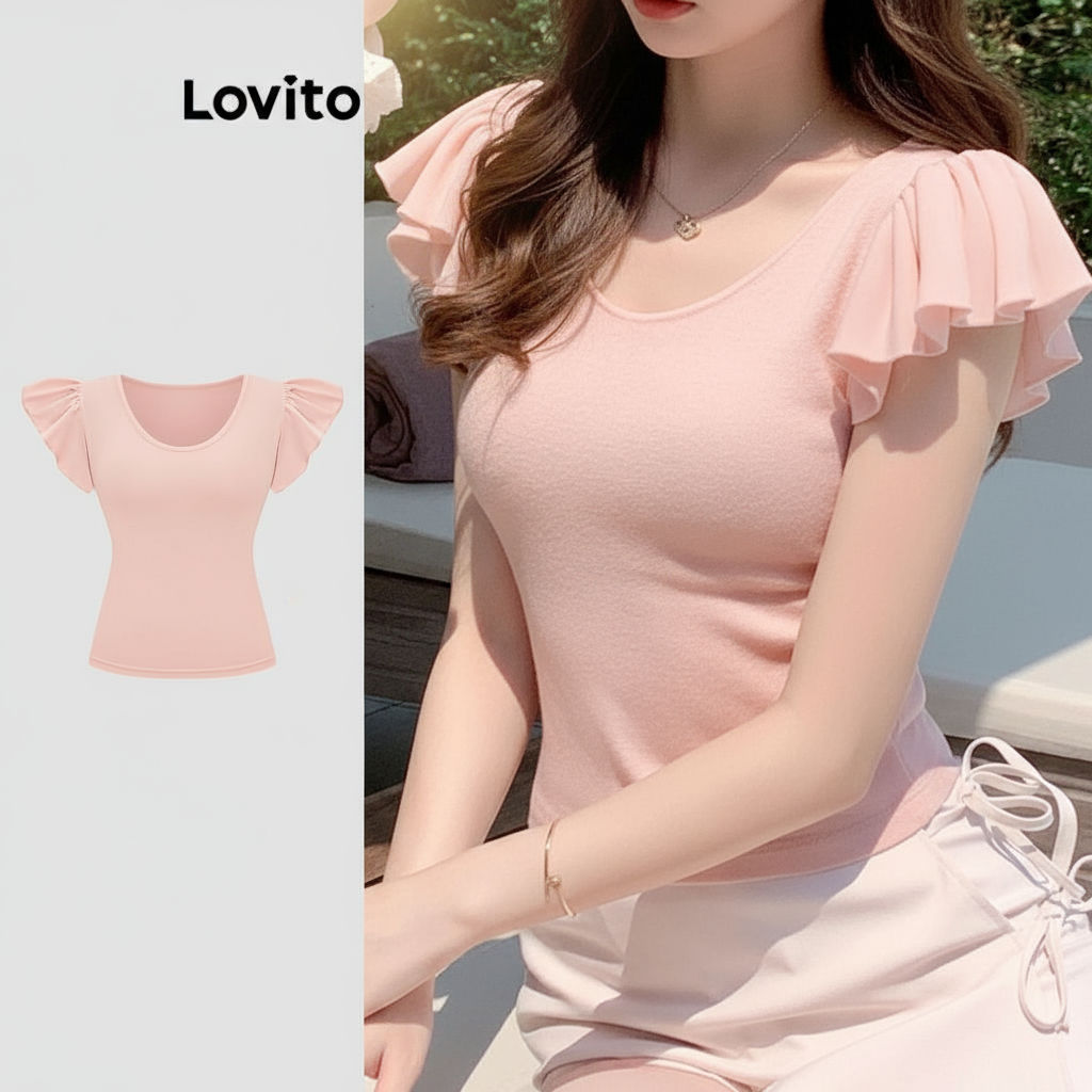 Lovito Blusa Casual Feminina com Babados Lisas L121AD1183 em Oferta na Shopee