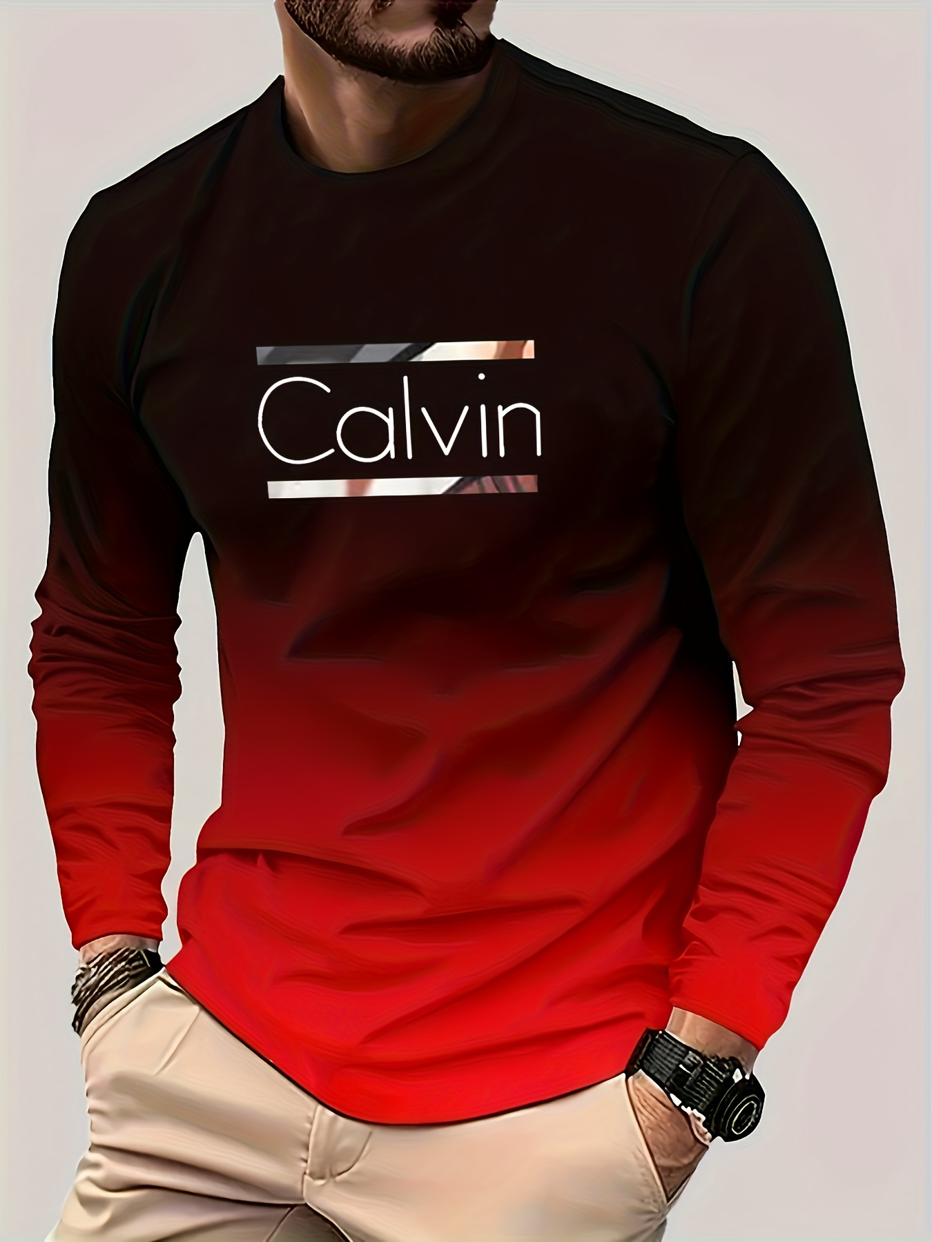 Camiseta masculina de manga longa, gola redonda, camiseta casual estampada de manga longa, adequada para atividades ao