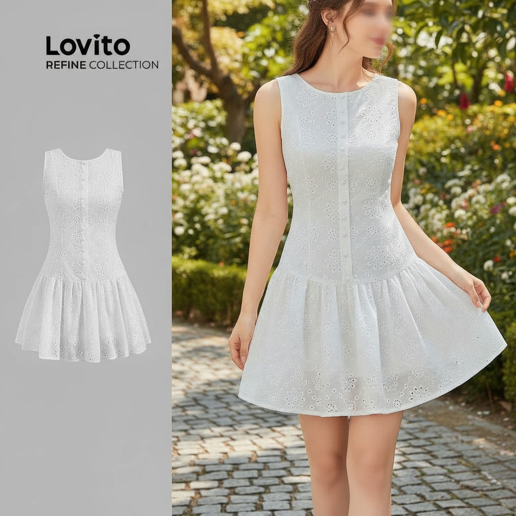 (Lovito Refine) Vestido Feminino Casual com Bordado e Ilhós Lisos LR2ED078 em Oferta na Shopee