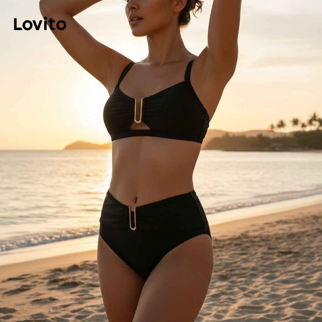 Lovito Biquíni Feminino Sexy Liso Metal Conjuntos LNL81009 em Oferta na Shopee