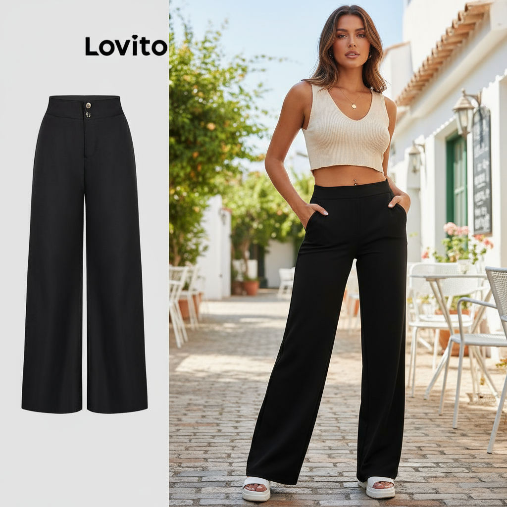 Lovito Calça Casual Calça Lisa Com Botões Para Mulheres L118ED160\5 em Oferta na Shopee