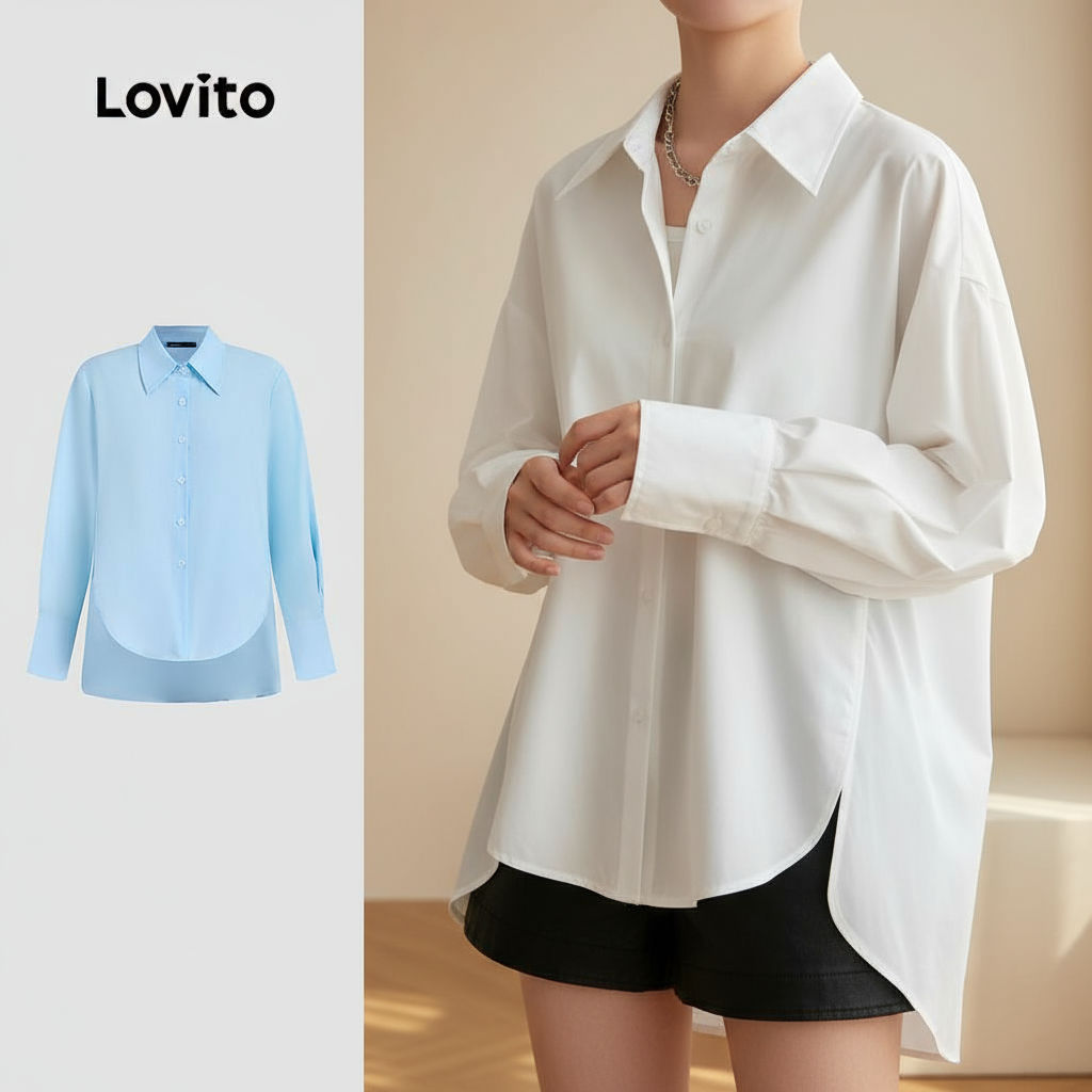 Blusa Feminina Elegante Lisa com Botões Frontais Assimétricos Lovito, Multicolorida