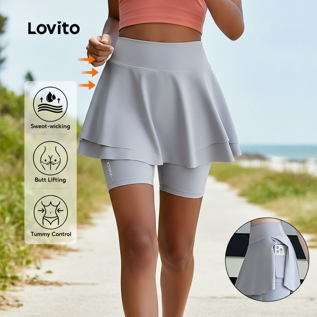 Lovito Shorts Duplo Controle de Barriga Ideal para Corrida, Yoga e Ciclismo LNA109077