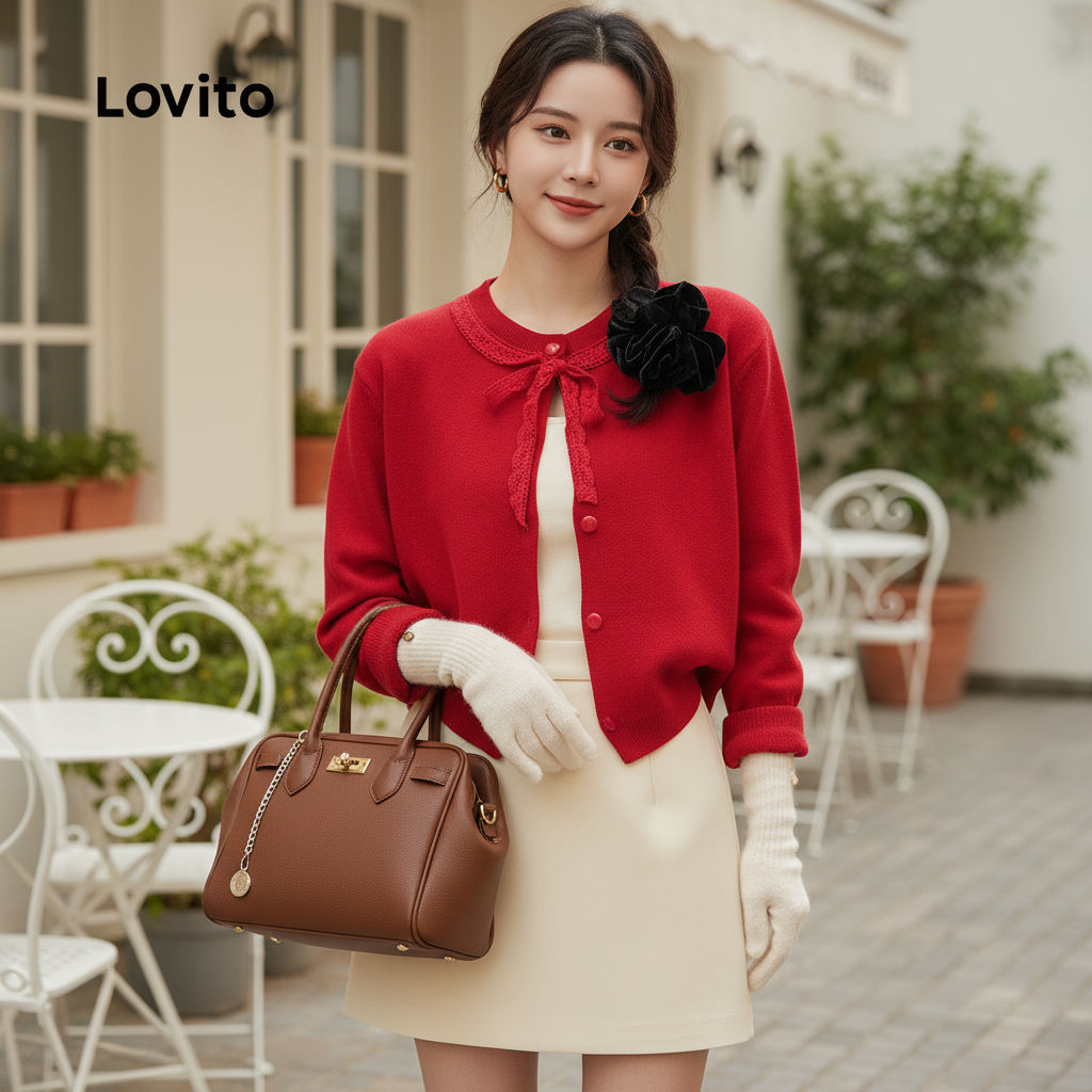 Lovito Cardigans Casuais de Renda com Amarração Outono/inverno Cardigans Vermelhos para Mulheres L155AD381\2