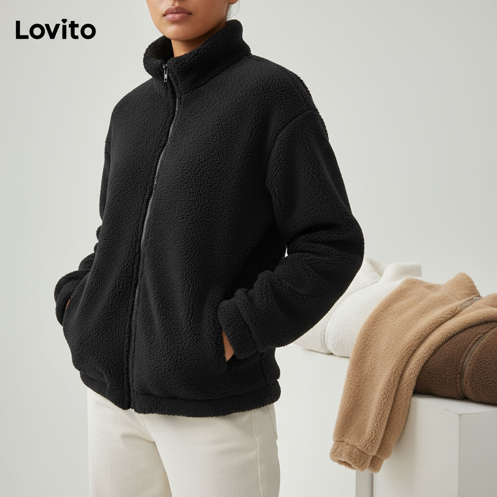 Lovito Casaco Feminino Básico com Zíper Casual Liso em Cores Variadas LNE29211 em Oferta na Shopee