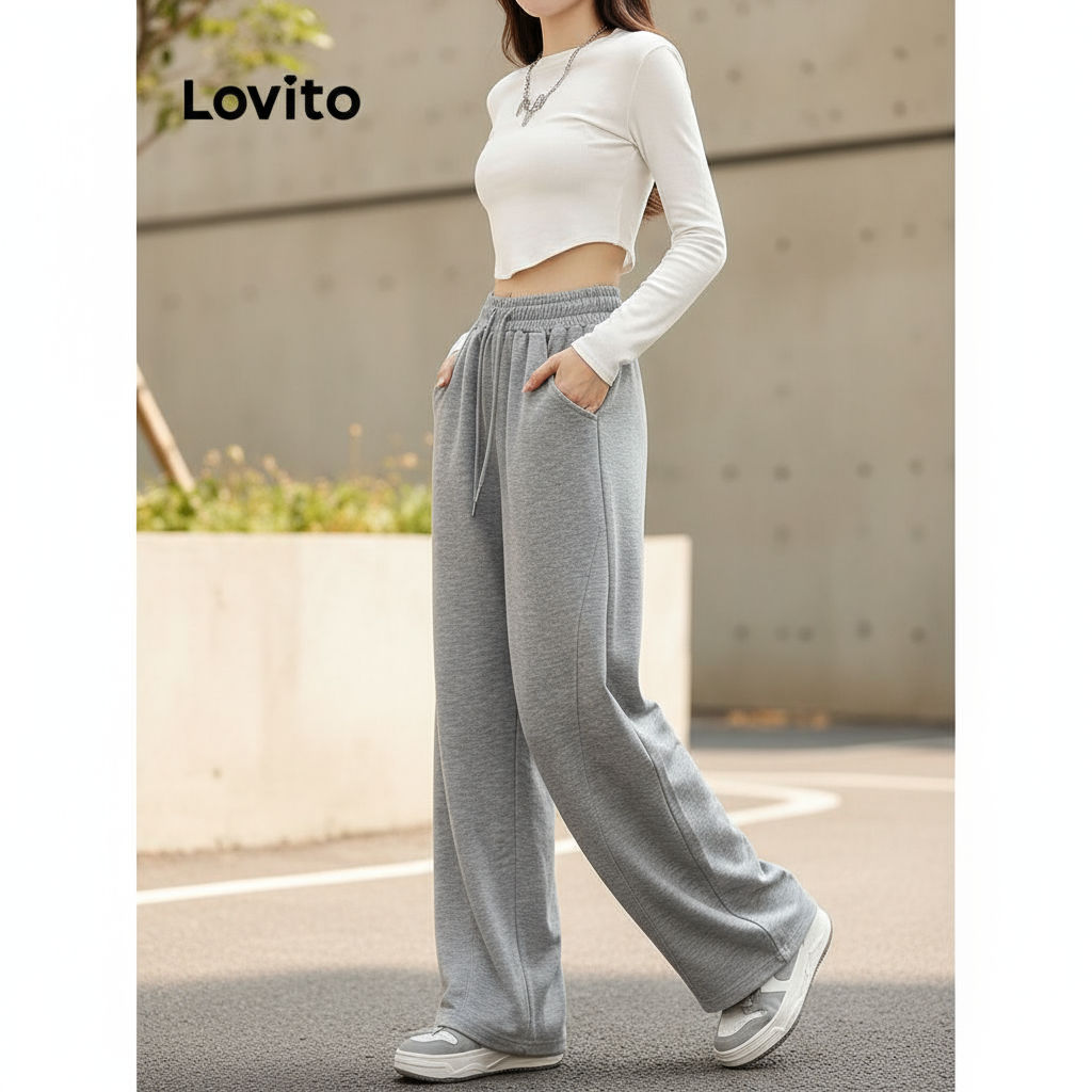 Lovito Calça Feminina Casual Lisa com Cordão LNA36090 (Multicolorida)