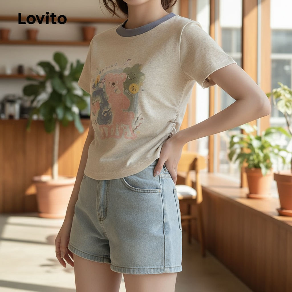Lovito Camiseta Feminina Casual Estampada Cartoon LNA65286 em Oferta na Shopee
