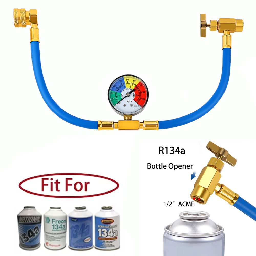 Kit de Ferramentas de Recarga de Ar Condicionado de Carro R134a, Válvula de Latão, Torneira de Garrafa com Manômetro de