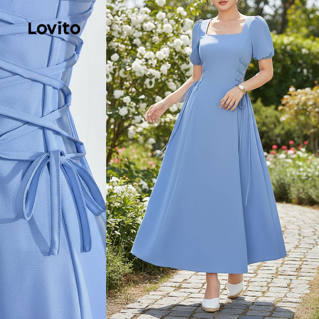 Lovito Vestido Feminino Azul com Renda Lisa para Primavera/Verão LBL25449 em Oferta na Shopee