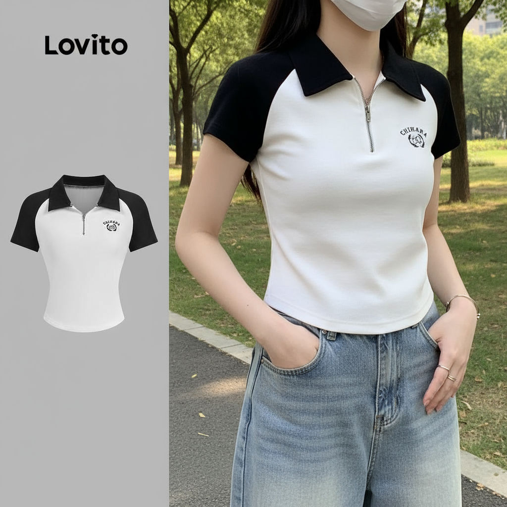 Lovito Camiseta Feminina Casual com Zíper e Cores Contrastantes Preta e Branca para Primavera/Verão L134ED828 em Oferta na Shopee