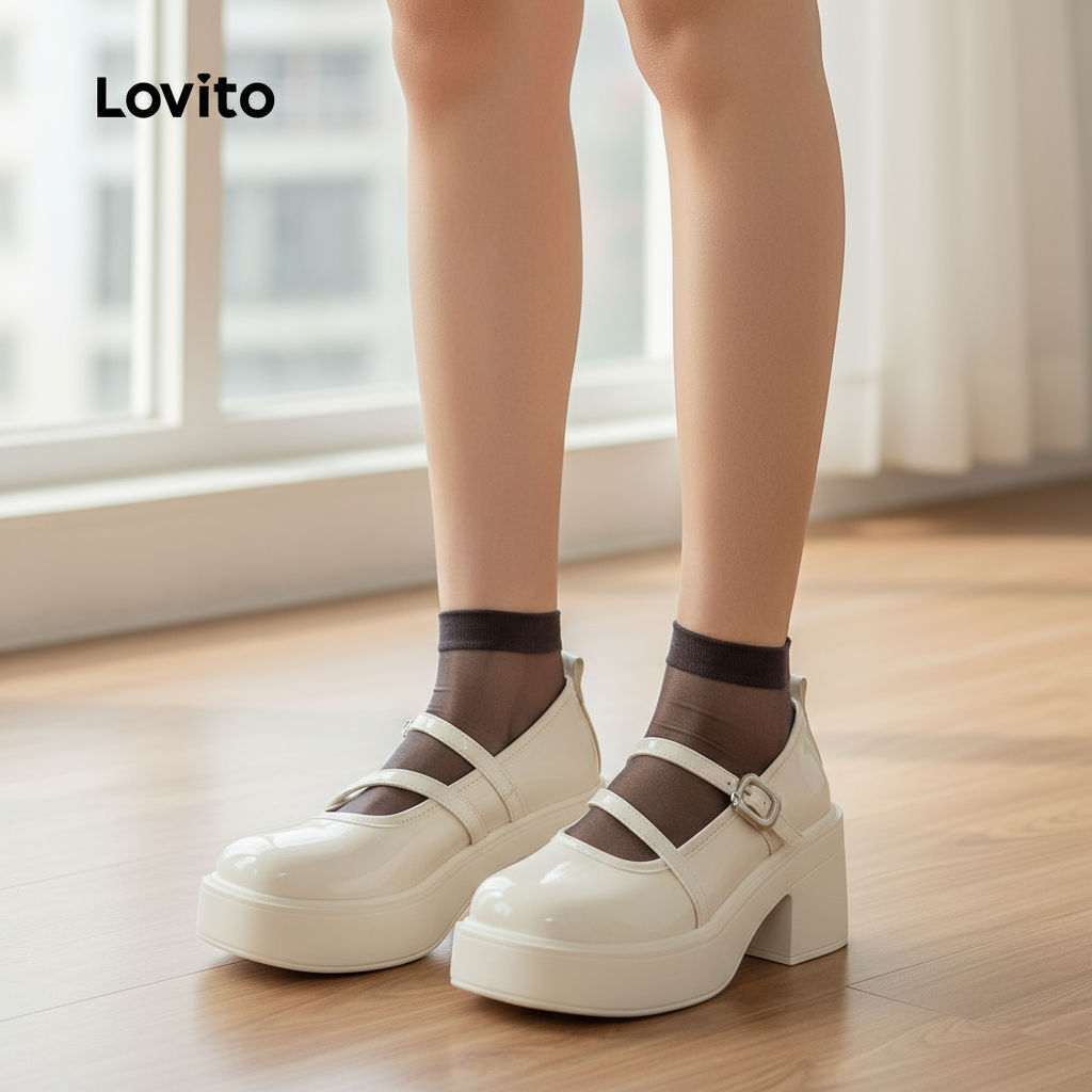 Lovito Sapato Mary Jane Feminino Salto Alto Retro Estilo Preppy LFA58318 em Oferta na Shopee