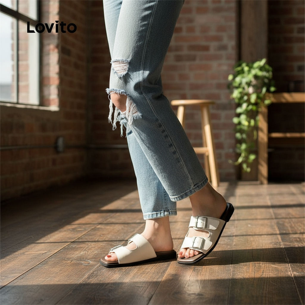 Lovito Sandália Feminina Casual com Fivela Colorida, Bloco de Cores, Sola Antiderrapante, Estilo Retrô LFA75001