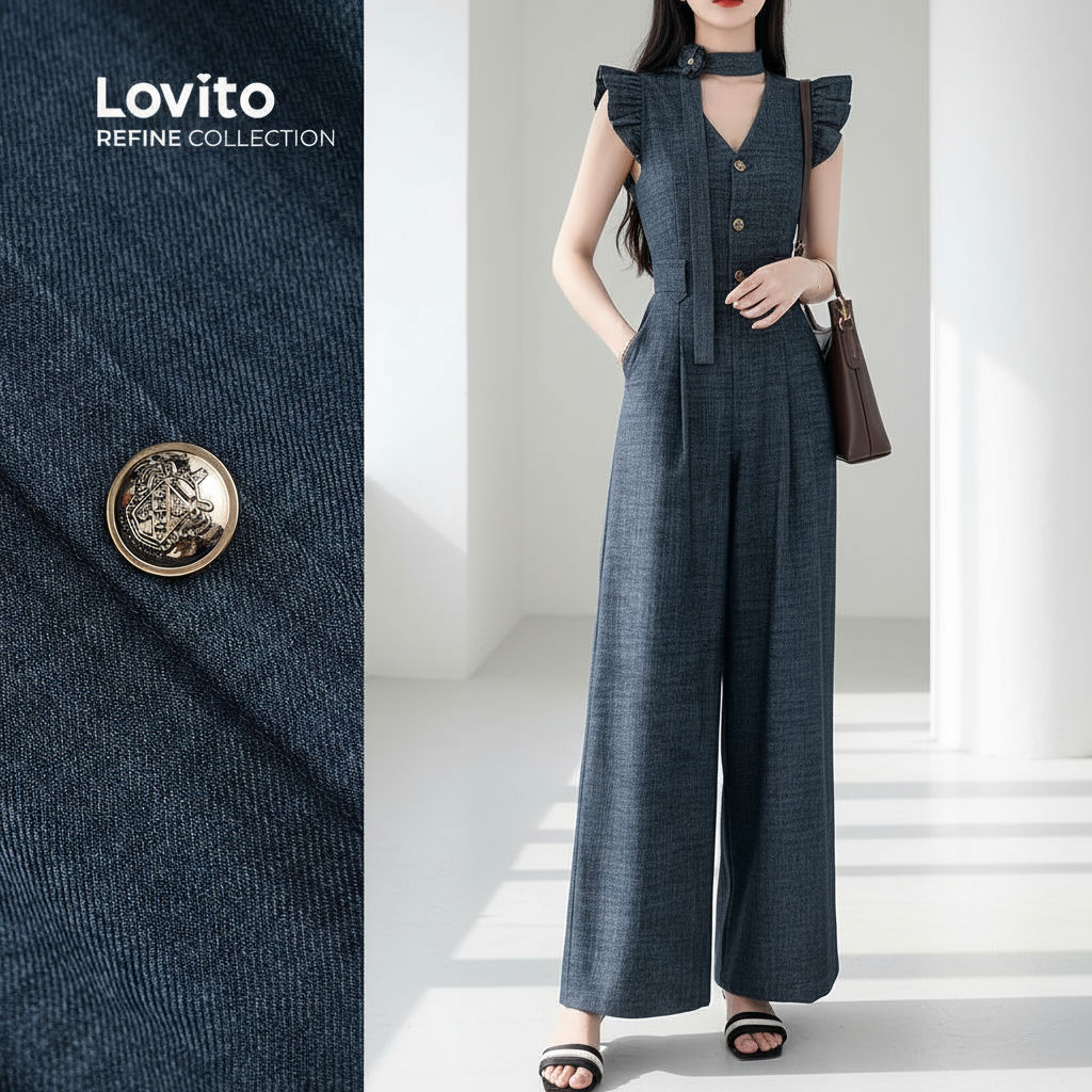 Macacão Feminino Elegante com Botões e Cinto para Todas as Estações em Azul Marinho LR13L066