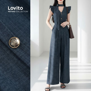 Macacão Feminino Elegante com Botões e Cinto para Todas as Estações em Azul Marinho LR13L066 em Oferta na Shopee