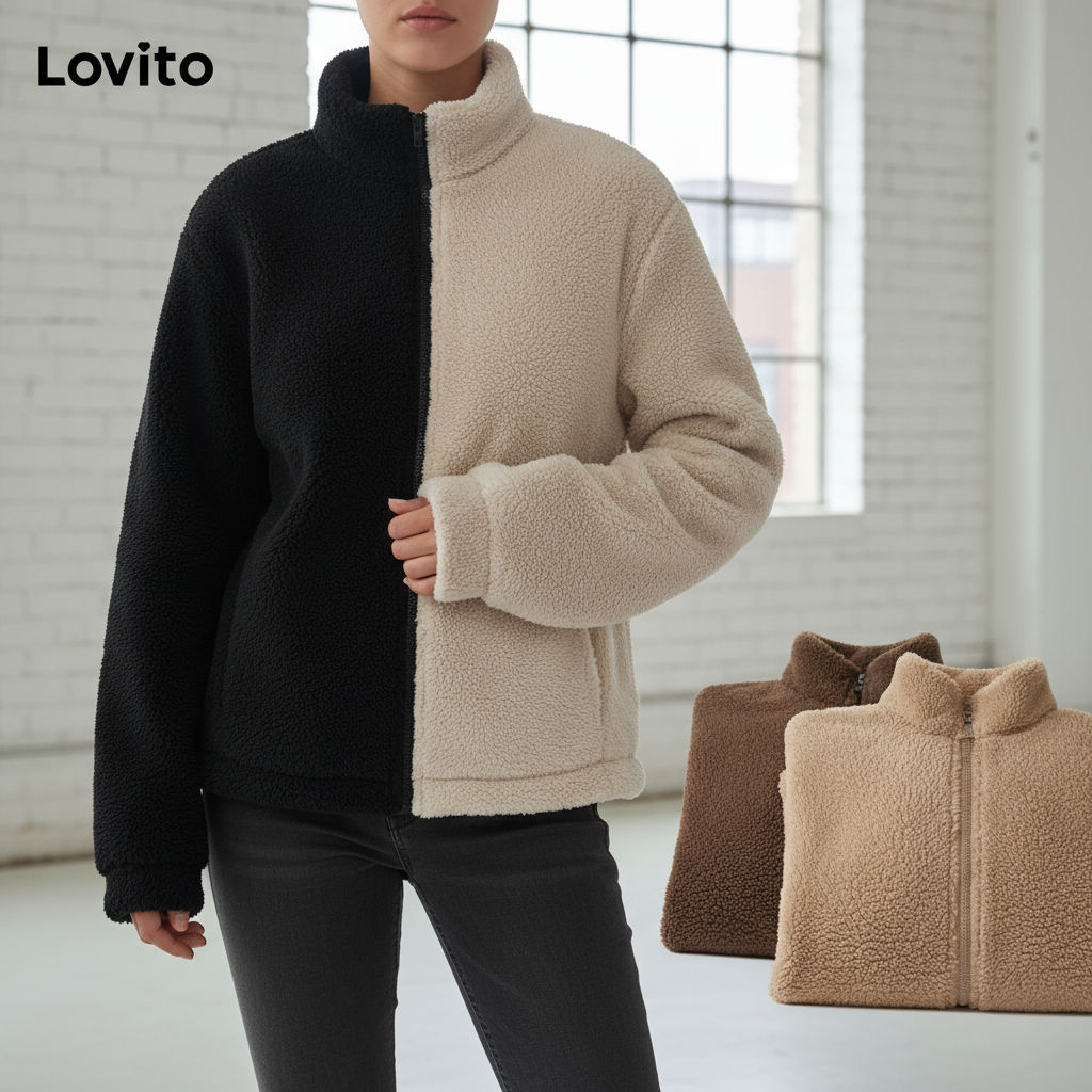 Lovito Jaqueta Feminina Simples e Básica com Zíper LNE29211 (Damasco Marrom Cáqui Claro Preto)\4 em Oferta na Shopee