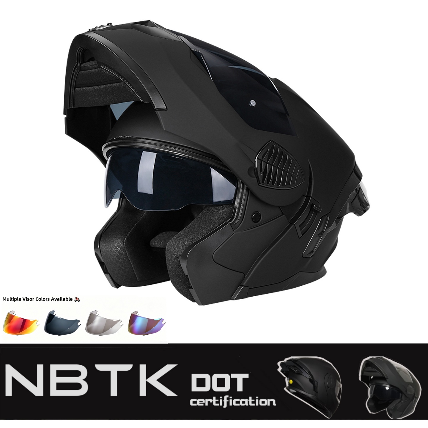 Capacete de Motocicleta Preto Fosco 3 em 1 NBTK | Conversível de Fechado a Aberto com Lentes Duplas, Casco em ABS, Forro