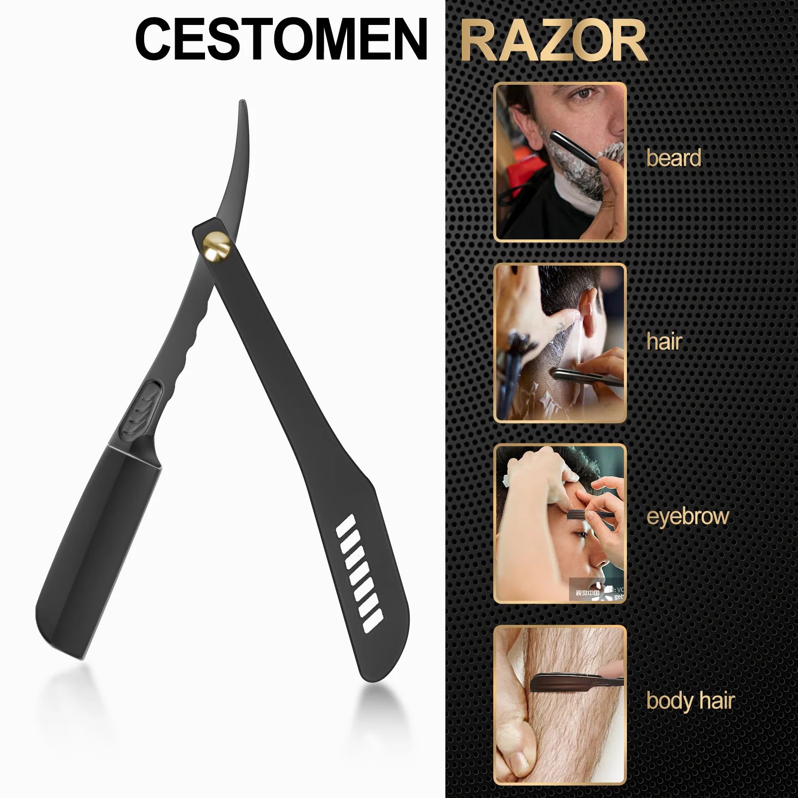 Homem Barbeador Manual Dobrável em Aço Inoxidável para Barba, Navalha de Corte de Cabelo de Salão, Lâmina Reta