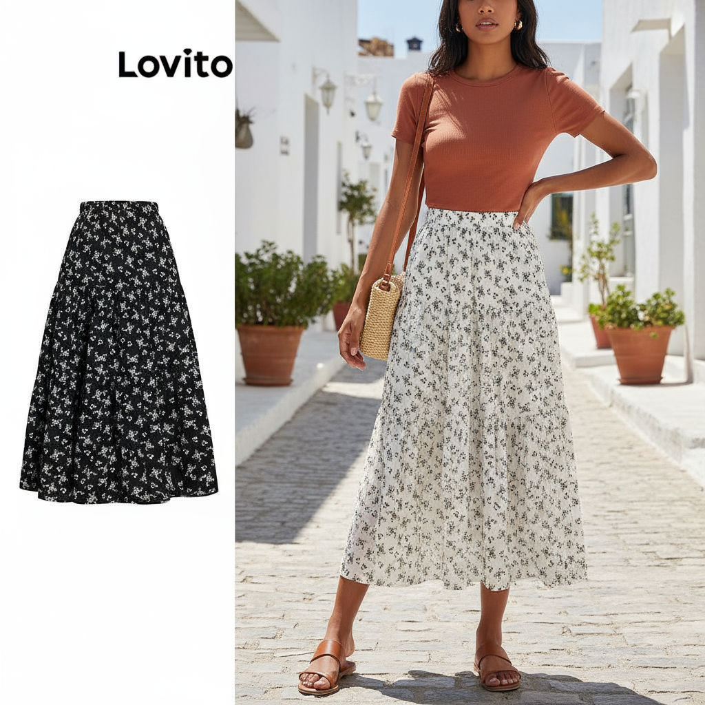 Lovito Saia Longa Feminina Estampada Floral Simples LNE17088 (Branca) em Oferta na Shopee