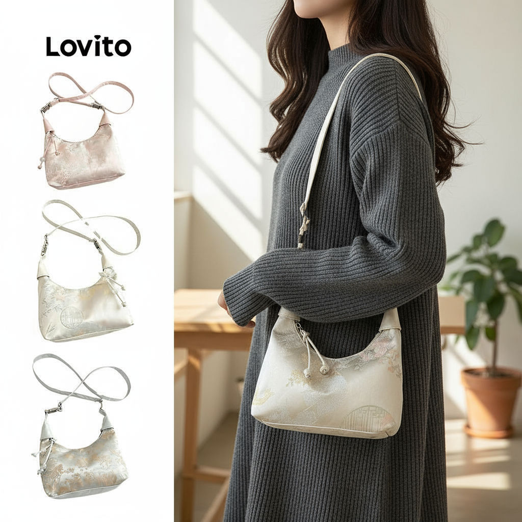 Lovito Elegante Franja Simples Bordado Cetim Estilo Chinês Pequena bolsa de ombro para Mulheres LFA48346\3 em Oferta na Shopee