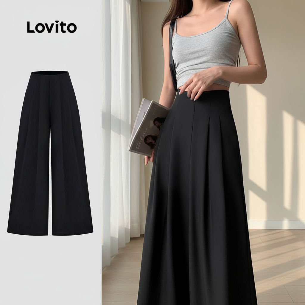 Lovito Calça Feminina Lisa Plissada com Pintucks e Corte Elegante LBL24104