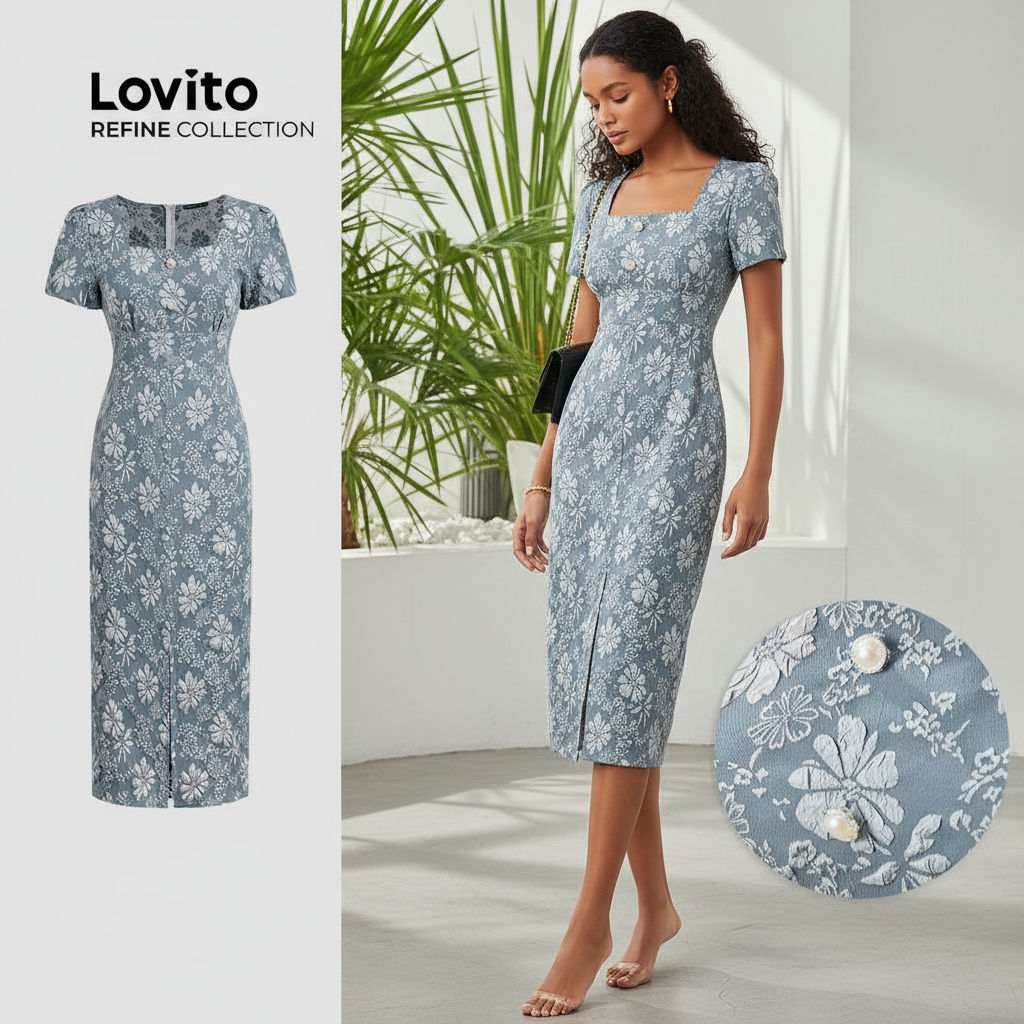 (Trendy2) (Lovito Refine) Vestido Elegante com Botão Zíper Dividido Boa Textura Primavera/verão Vestido Azul LR12E012