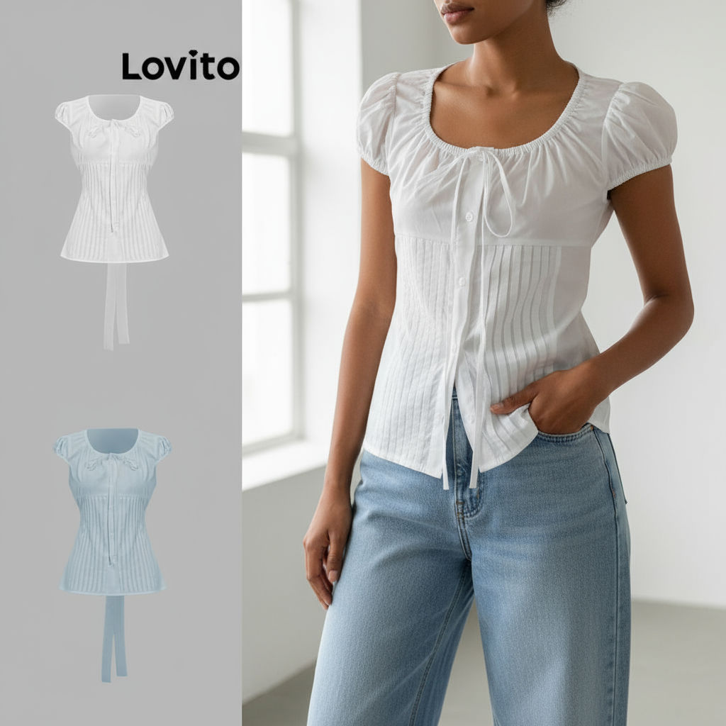(Trendy2) Lovito Blusa Casual Lisa Com Cadarço E Blusa Plissada Para Mulheres L85AD028 (Multicolorido) em Oferta na Shopee