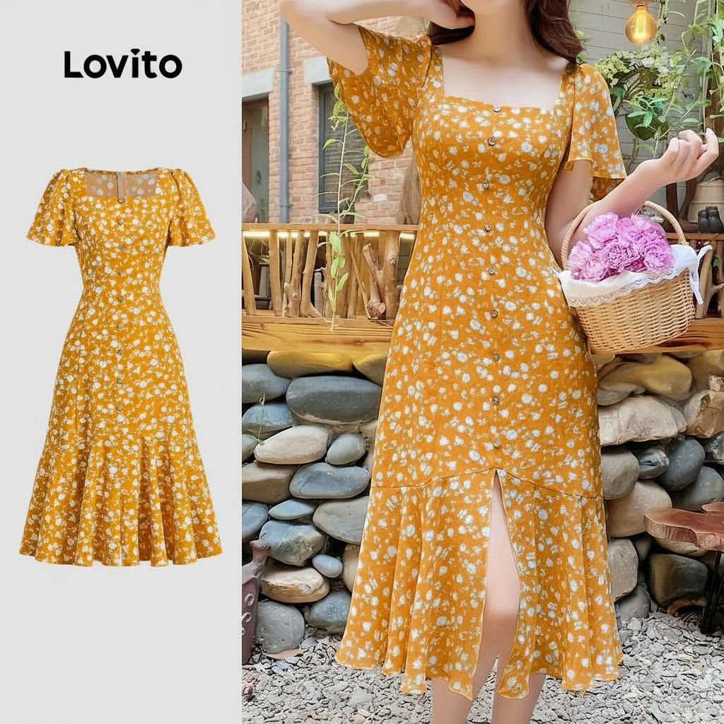Lovito Vestido Boho Feminino com Babados, Zíper e Botão em Amarelo para Primavera/Verão - L134ED673 em Oferta na Shopee