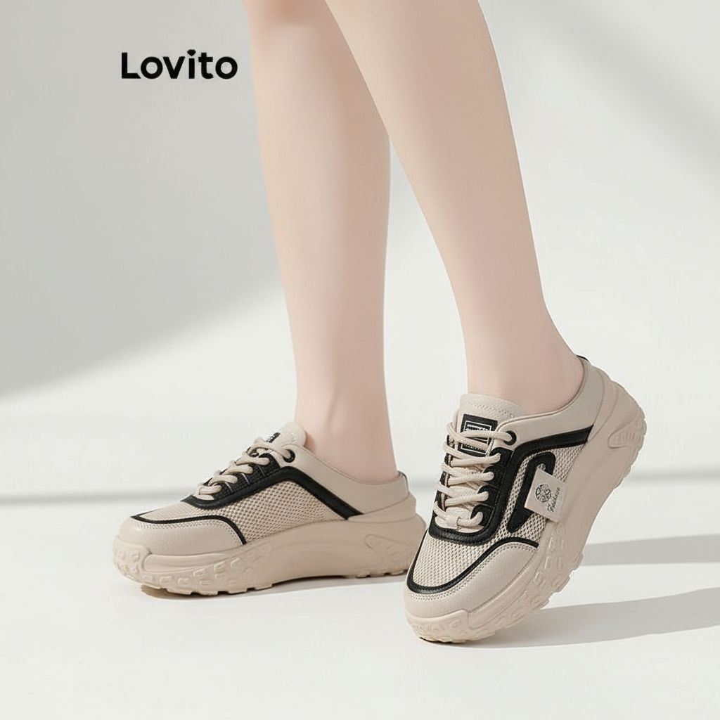 Lovito Tênis esportivo feminino em malha respirável, estilo Mueller, tendência leve, meia arrasto, LFA73235