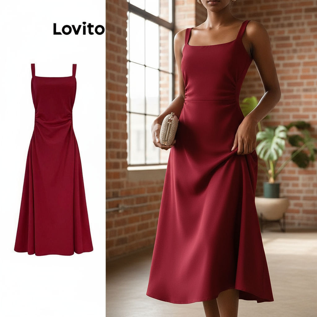 Lovito Vestido Feminino Elegante Liso Plissado LNM83179\4 em Oferta na Shopee