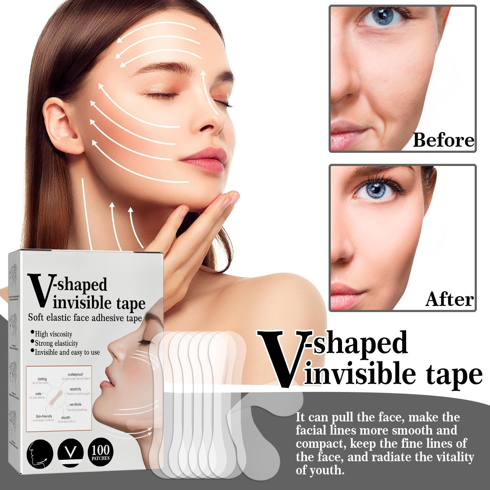 Fita V-Lift Invisível De 100 Unidades , Endurecimento Facial E Suavização De Rugas , Redutor De Queixo Duplo , Contorno 