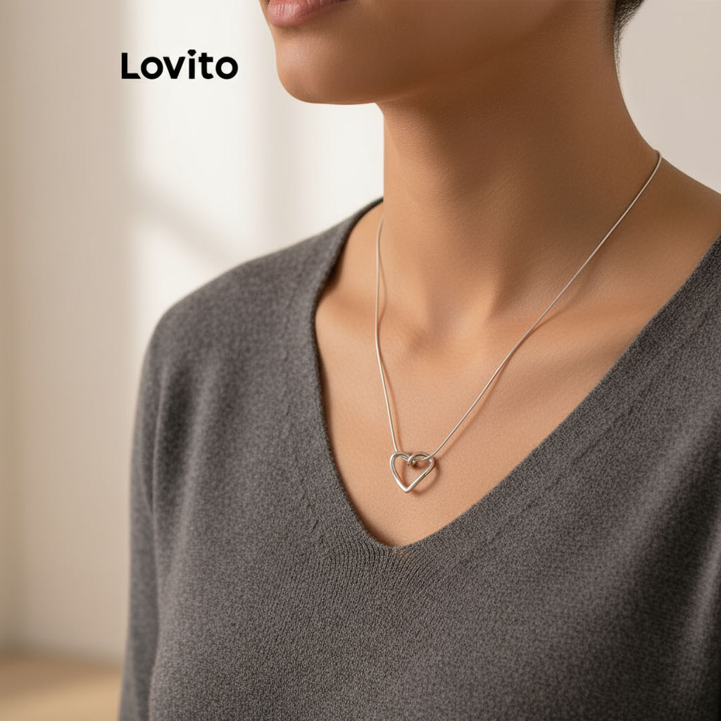 (trendy5)Lovito Colares em Formato de Coração para Mulheres LFA03219 (Prateado) em Oferta na Shopee