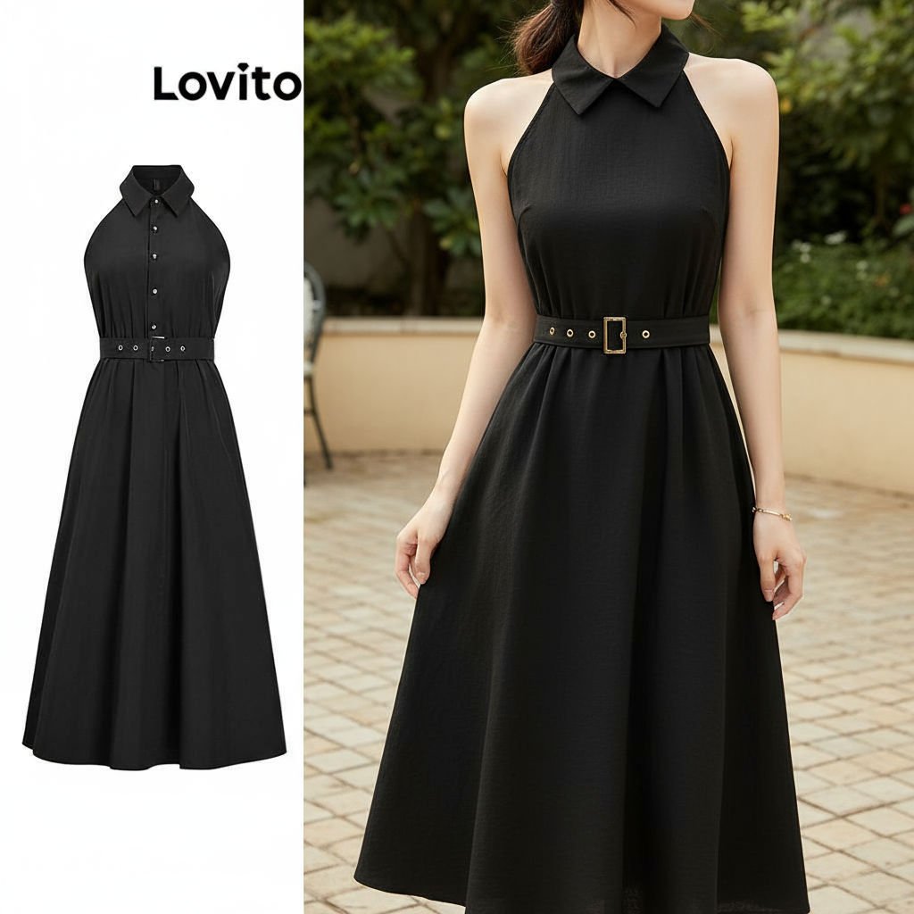 Lovito Vestido Feminino Elegante Liso com Cinto para Mulheres L100MD424 em Oferta na Shopee