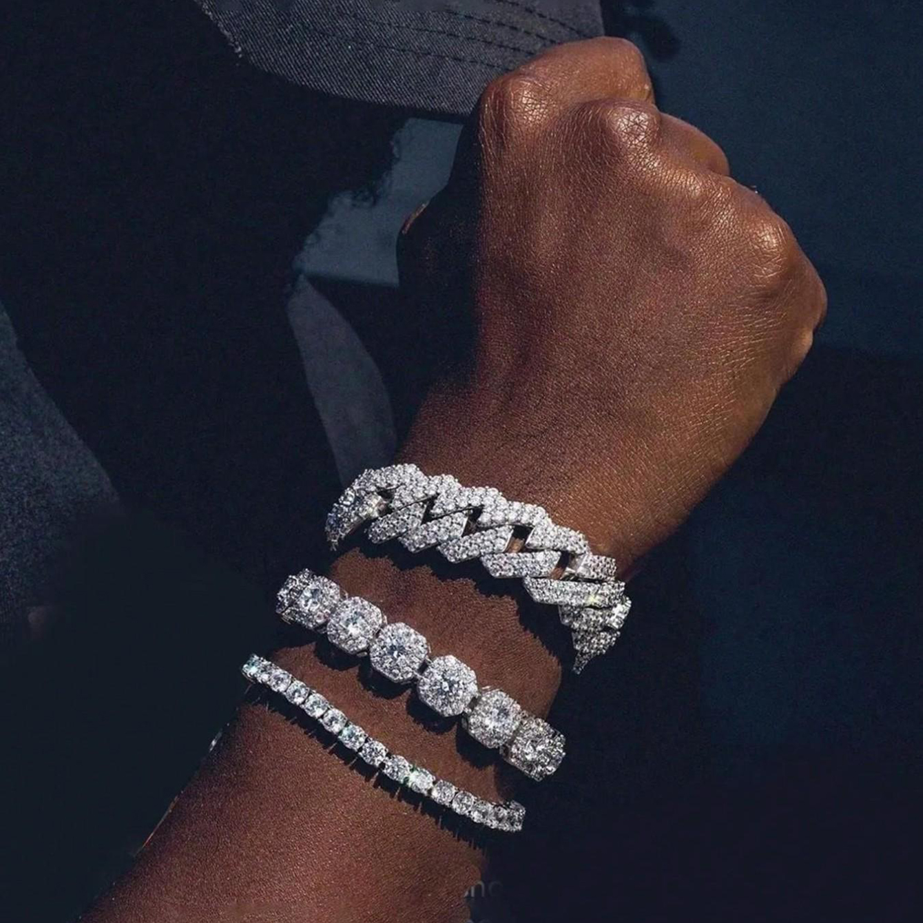 Conjunto de 3 peças de pulseira cubana de corrente cravejada de diamantes, conjunto de pulseiras masculinas estilosas