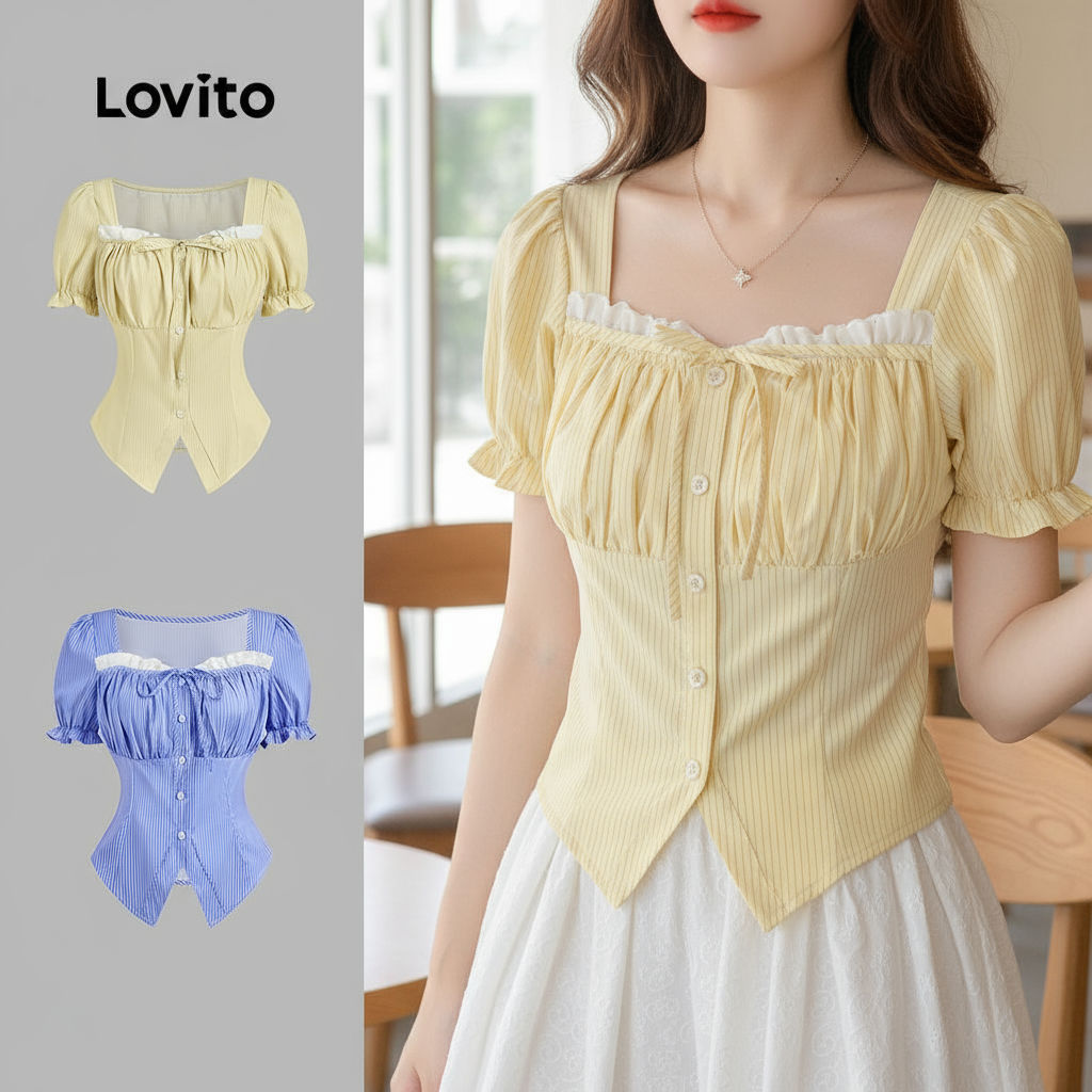 Lovito Blusa Casual Feminina Amarela com Cores Contrastantes, Amarração Frontal e Divisão, Primavera/Verão, L135ED266