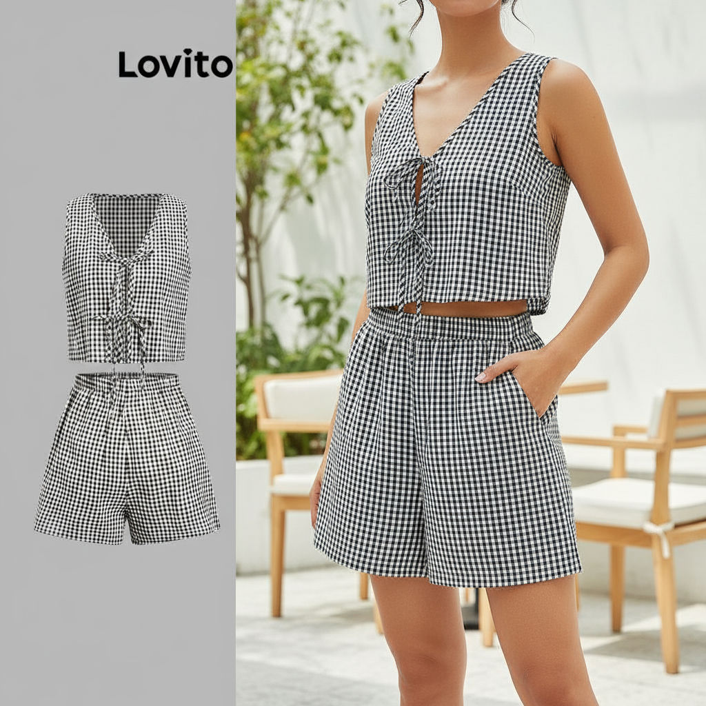 Lovito Conjuntos de shorts casuais feminino com estampa xadrez e cadarço L108ED370 em Oferta na Shopee