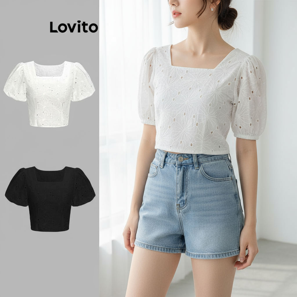 Blusa Feminina Casual Bordada Ilhós Liso Franzida Lovito L68ED349 - Multicolorida