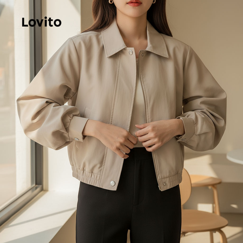 Lovito Jaqueta Feminina Casual de Vento com Zíper e Botão, Casaco Impermeável, Cor Damasco, Modelo LNA34140 em Oferta na Shopee