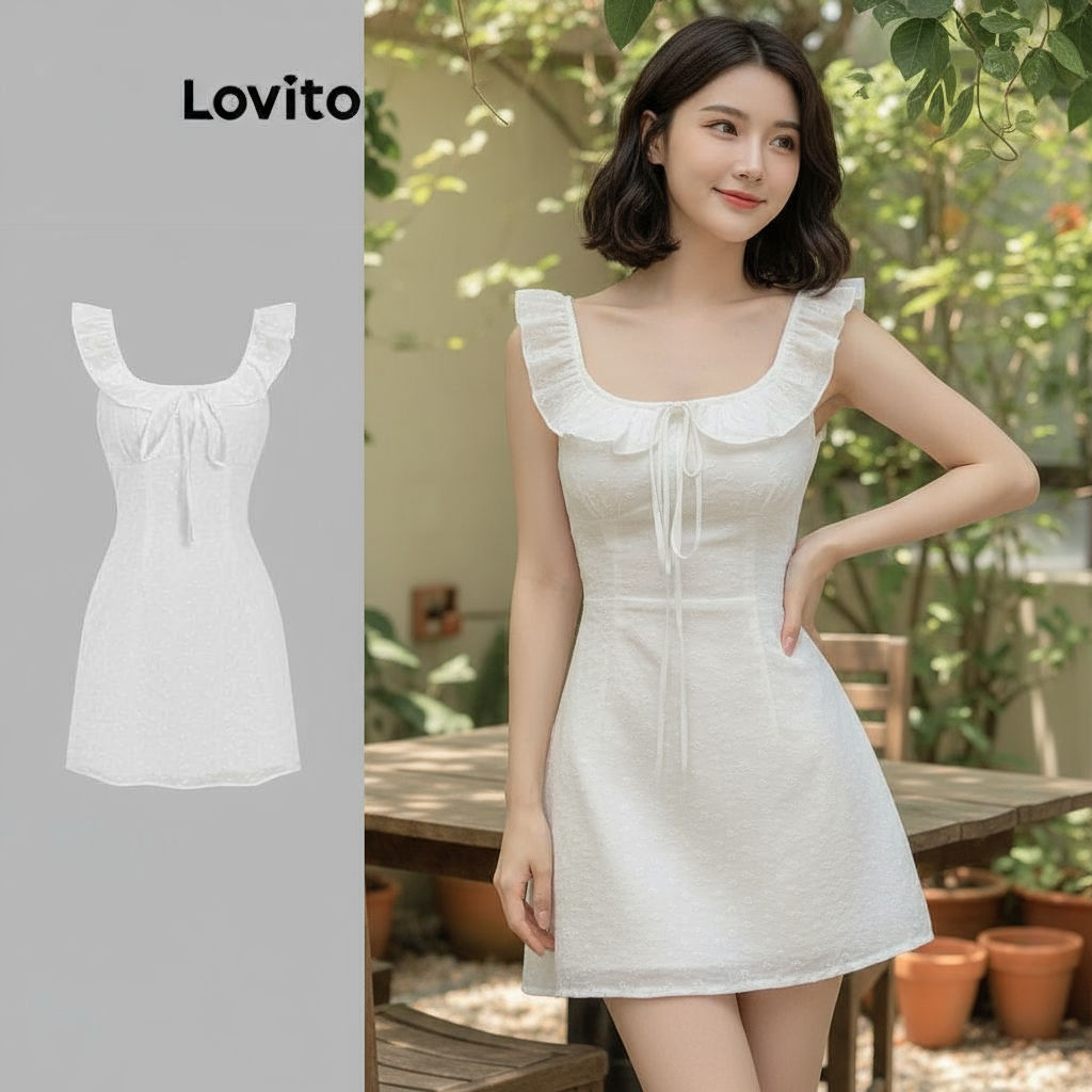 Lovito Vestido feminino delicado com bordado de ilhós frontal e detalhe de amarração L122AD063 em Oferta na Shopee