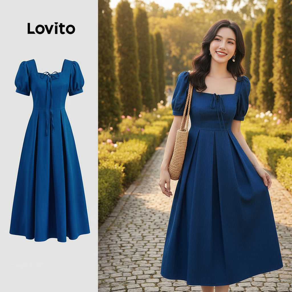 Lovito Vestido Feminino Casual Plissado com Cadarço para Verão/Primavera LBL23071 em Oferta na Shopee