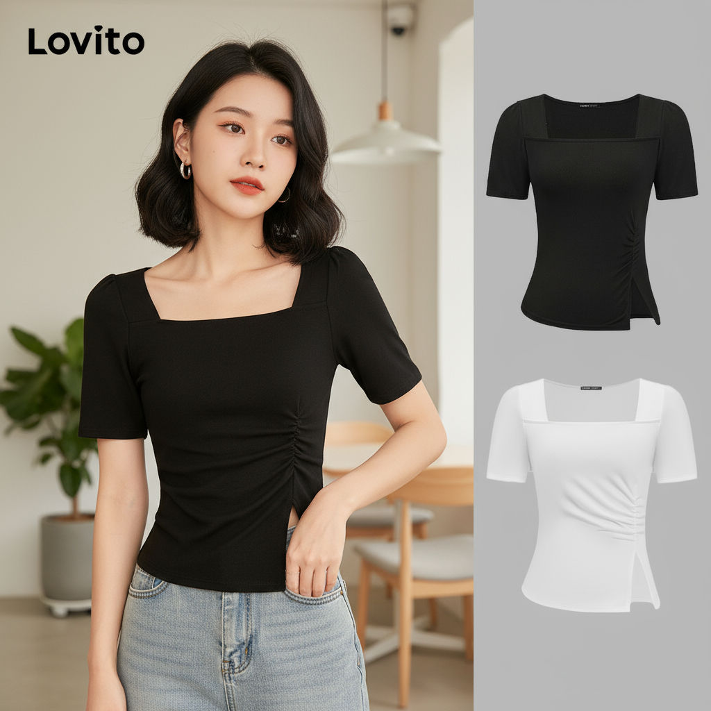 (trendy3)Lovito Camiseta Elegante Verão Verão Dividida Para Mulheres L91ED094 (Multicolorido) em Oferta na Shopee