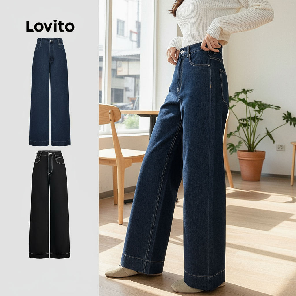 Lovito Jeans Feminina Calça Casual Bordada com Bolso Laço Larga e Solta Azul Escuro L135AD1218 em Oferta na Shopee