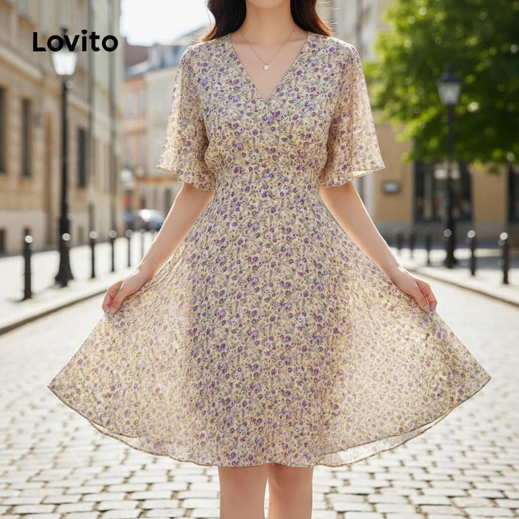 Lovito Vestido Feminino Casual Estampa Floral Zíper Decote V Manga Curta LNA06126 (Roxo) em Oferta na Shopee