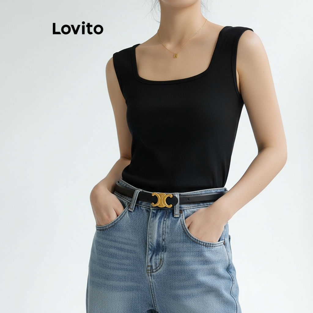 Lovito Regata Feminina Casual Lisa e Básica LNL56078 em Oferta na Shopee