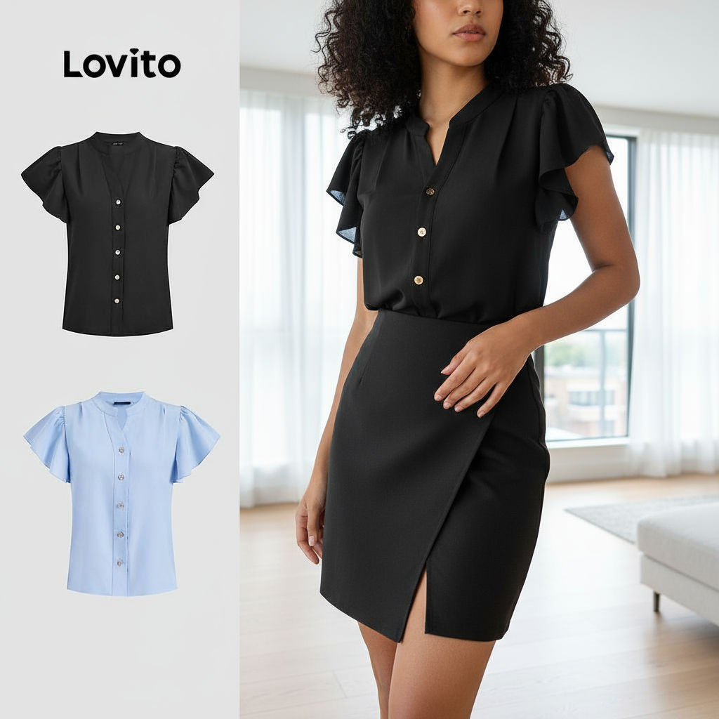 Lovito Blusa Casual Feminina Lisa Com Botões E Babados Blusa De Verão/primavera L129AD1030\3 em Oferta na Shopee
