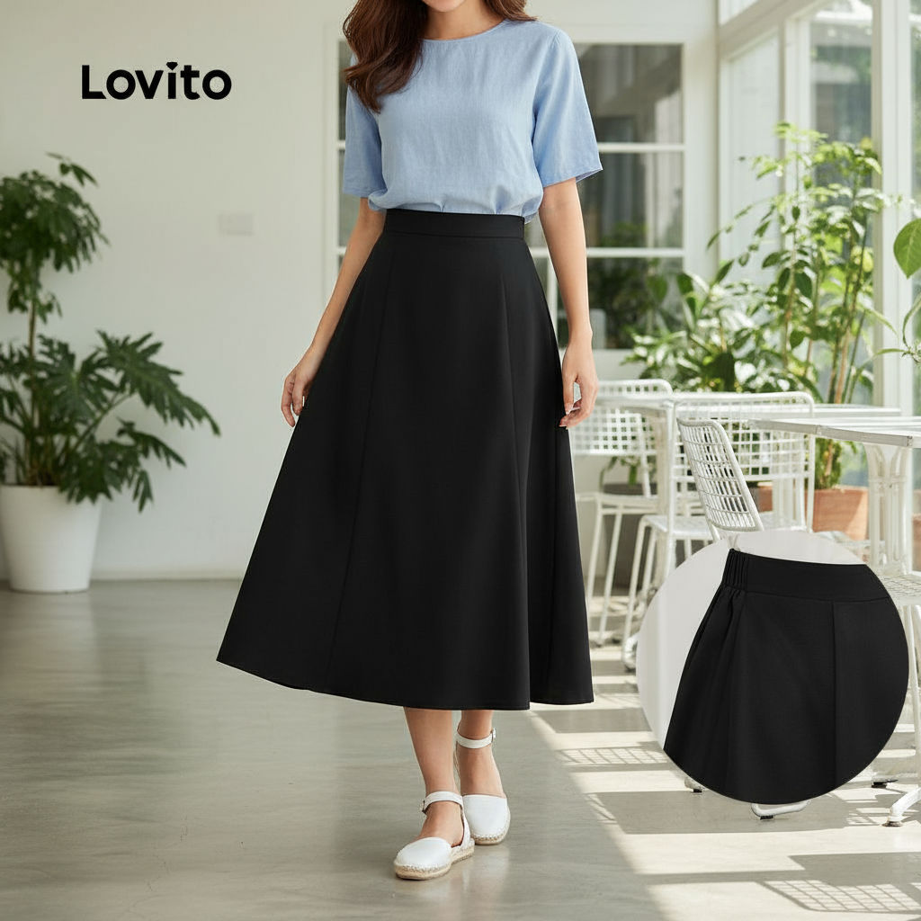 Lovito Saia Feminina Casual com Estrutura Lisa para Verão e Primavera L128ED466 em Oferta na Shopee