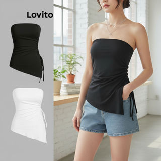 Lovito Regata Casual Lisa Assimétrica Com Amarração Para Mulheres L68ED053 (Preto) em Oferta na Shopee