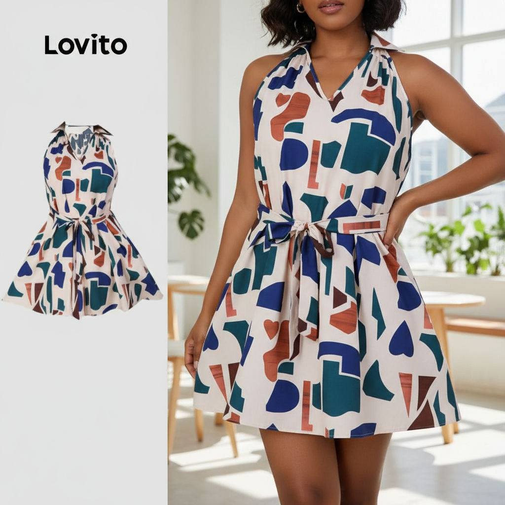 Lovito Vestido Plus Size Feminino Casual Geométrico com Cinto Frontal Divisão Primavera/Verão LBL19103 em Oferta na Shopee