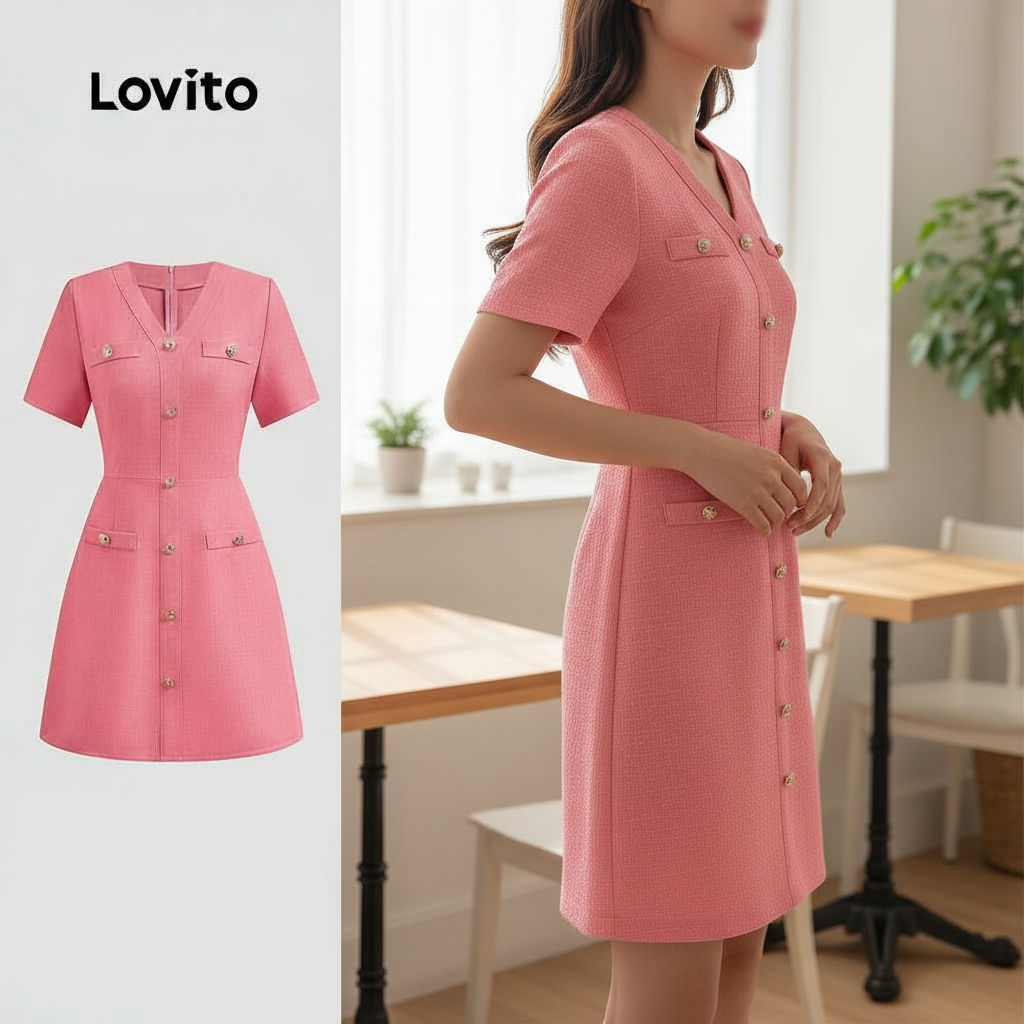 Lovito Vestido Feminino Casual com Botões Lisos para Primavera/Verão LBL24123 em Oferta na Shopee