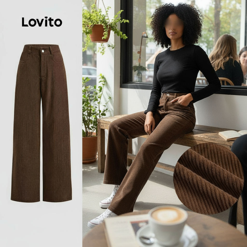 Lovito Calça Feminina Casual com Zíper e Bolso em Veludo Cotelê LBL23492 em Oferta na Shopee