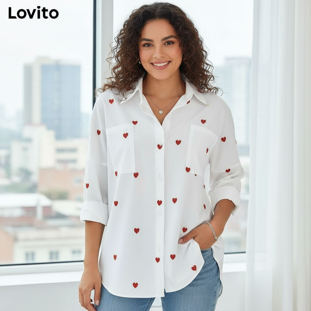 Lovito Blusa Feminina Casual com Estampa Coração LNL72073 em Oferta na Shopee